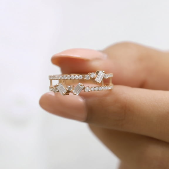 Jewerlegant Baguette Cut Diamond Band with Two Layer Pave Diamonds - Handmade Moissanite Ring