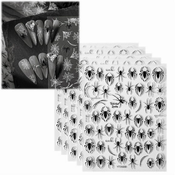 Yoyauz Halloween Nail Stickers 5PCS 3D Self-Adhesive Spider Web Bat Design, Used For Decorating Diy Nail Products For Halloween