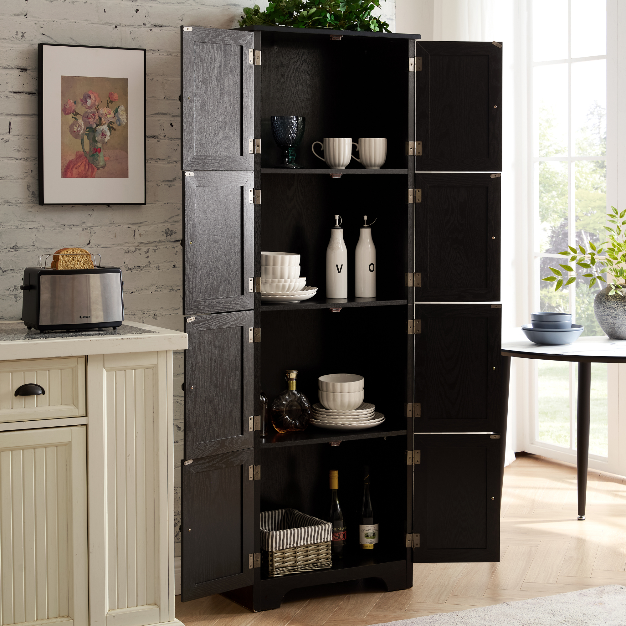 Leumius 72.4" Tall Storage Cabinet Tall Storage Cabinet with 8 Doors and 4 Shelves ,Bookshelf for Living Room, Kitchen, Dining Room, Office Black