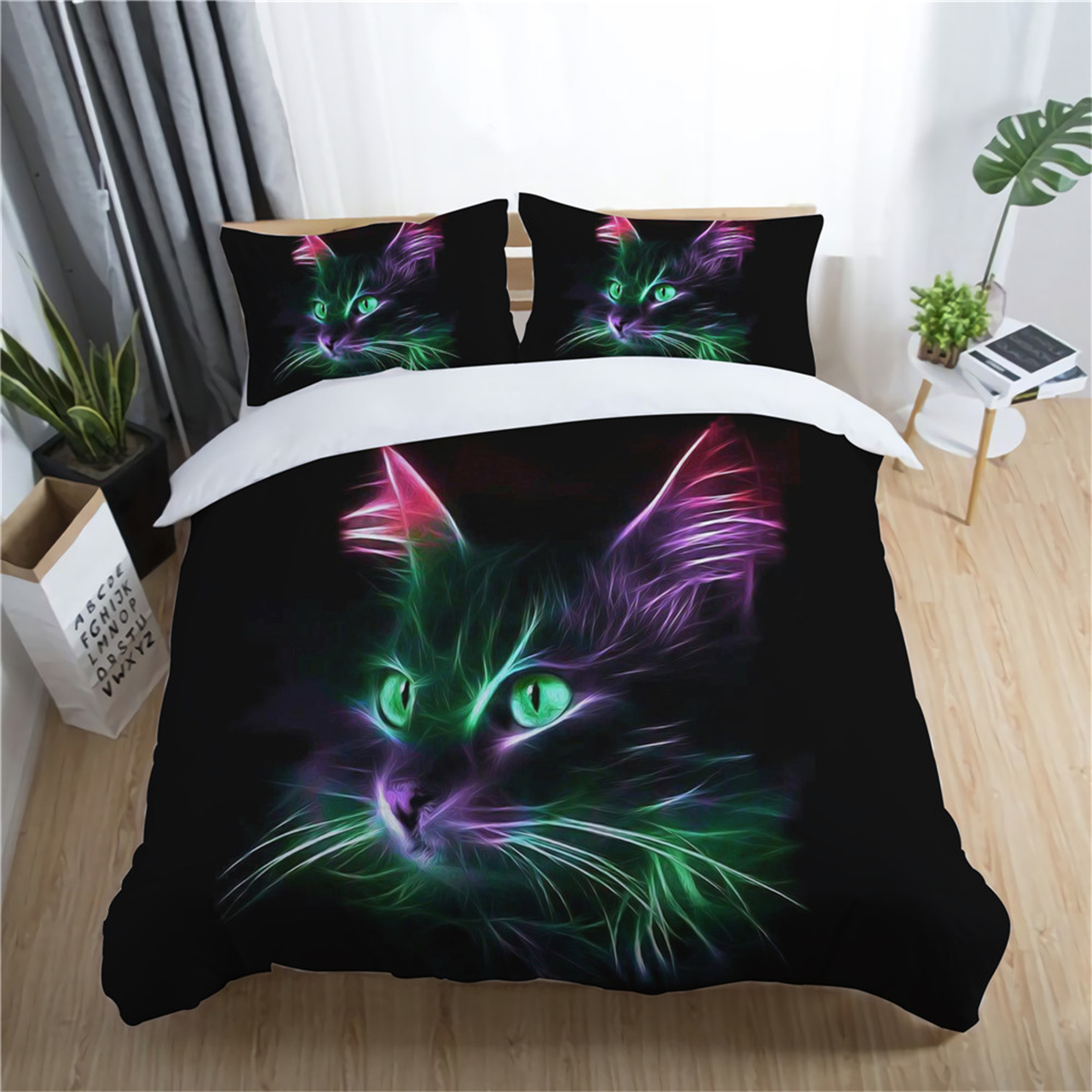 Cat Bedding Set Animal Duvet Cover Set Glowing Cats Comforter Cover 3D