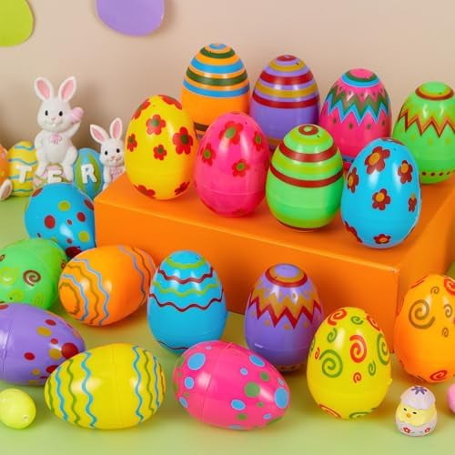 Toy 72 PCs Plastic Printed Bright Easter Eggs, Over 3.15'' Tall Fillable Empty Eggs Bulks for Easter Hunt, Basket Stuffers Fillers, Classroom Prize Supplies, Filling Treats and Party Favor