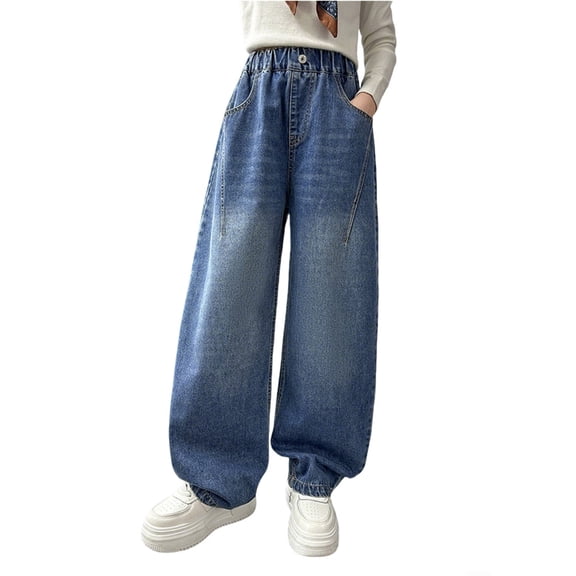 WAYUTE Jeans for Girls Denim Wide Leg Pants with Double Patch Pockets and Contrast Stitching Casual School Wear