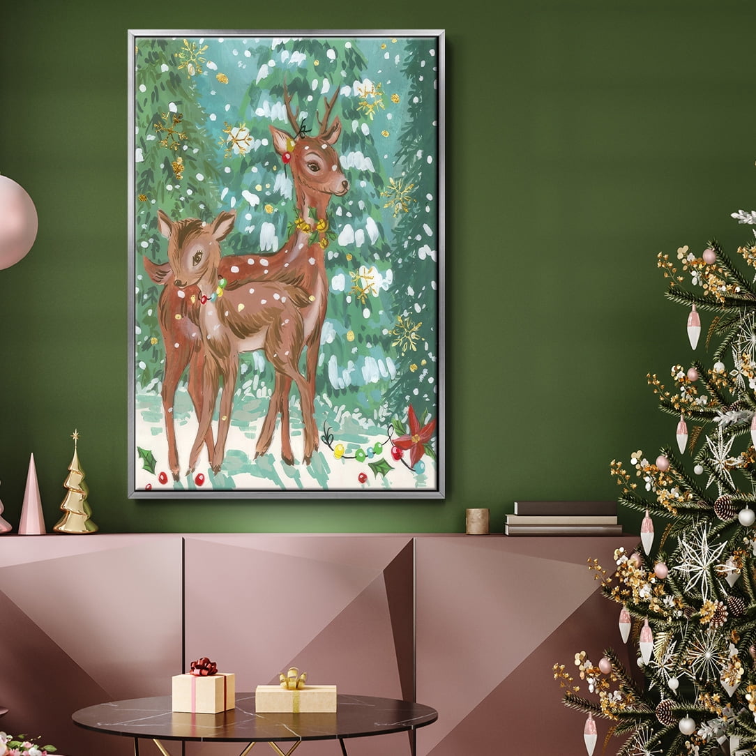 Doe and Fawn II - Framed Gallery Wrapped Holiday Canvas - 17 x 25 - Silver Frame
