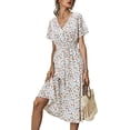 thumbnail image 3 of Women Summer Floral Print V-Neck Dress Short Sleeve High Waist Midi Slim-Fit A-Line Dresses Beach Streetwear, 3 of 13