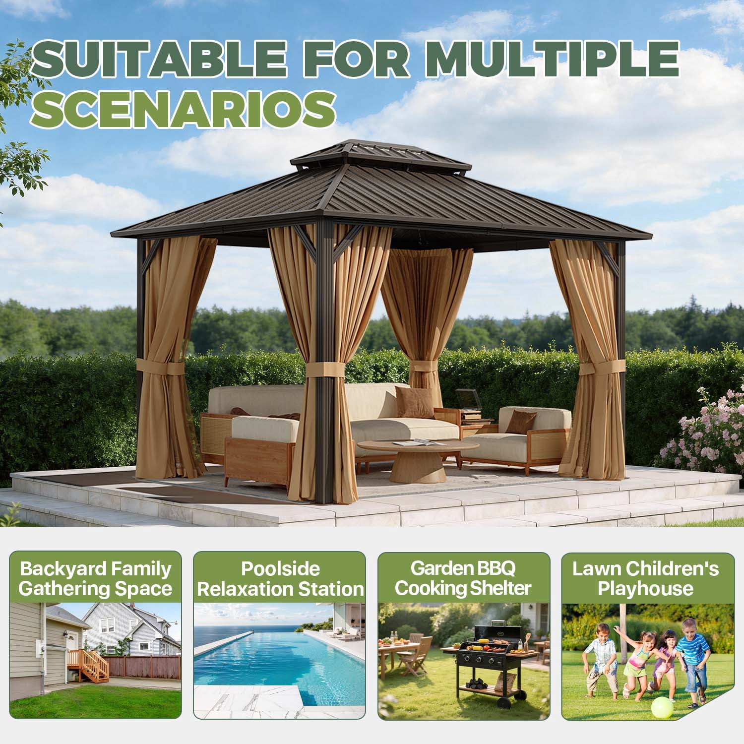 BaPiPro 12'x10' Hardtop Gazebo, Heavy Duty Galvanized Steel Double Roof, Permanent Outdoor Pavilion Metal Gazebo with Netting and Curtains, for Patio, Garden, Brown