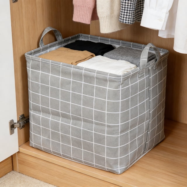 Cesta Organizadora de Almacenamiento de Lino con Asa, Plegable 12.6x12.6x12.6 pulgadas, Caja Estante Multifuncional para Guardería, Dormitorio, Baño, Decoración del Hogar, Negro/Gris/Blanco