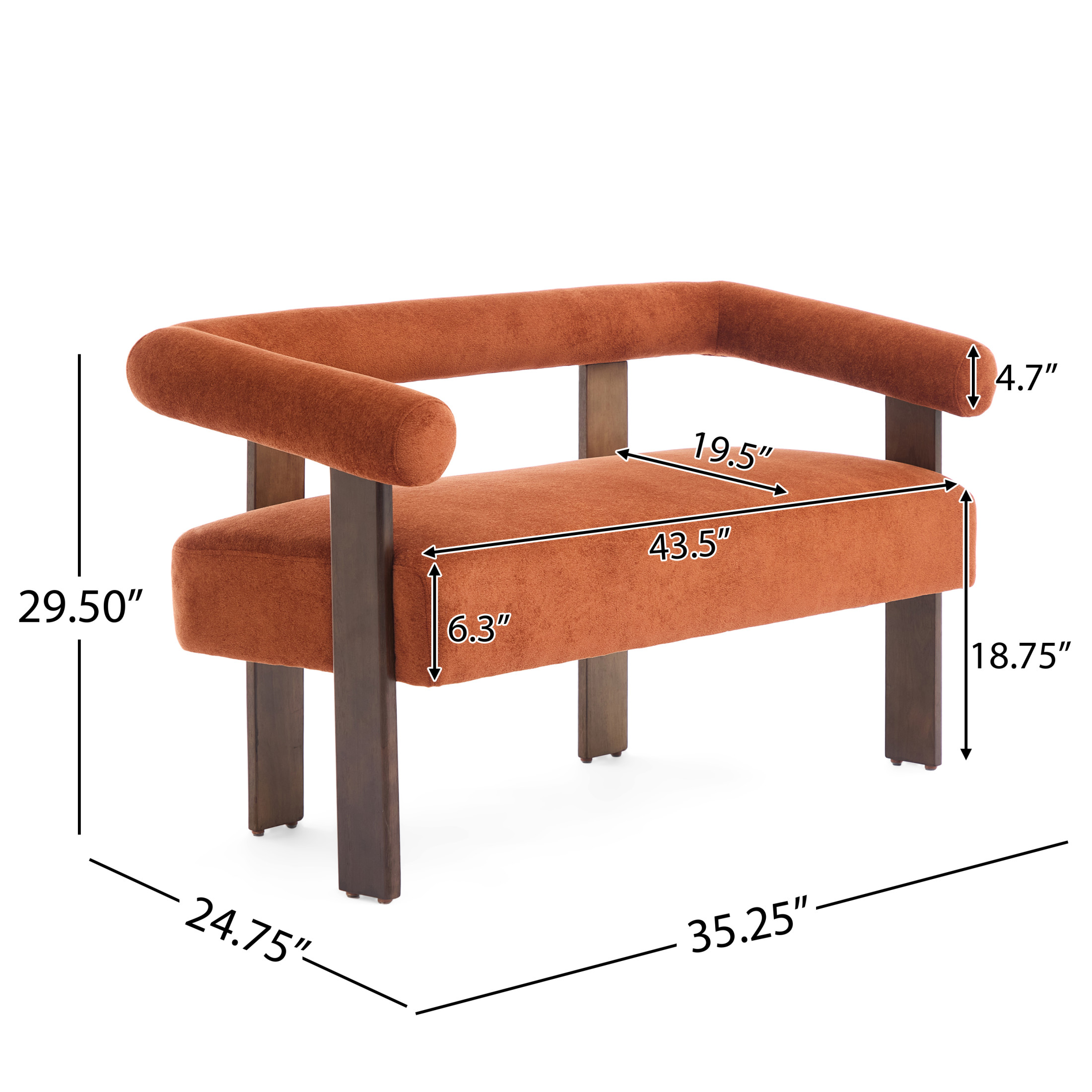 Christopher Knight Home 53" Curved Arm Upholstery Loveseat, Wood Frame, Modern Accent Sofa, Dark Orange+Brown