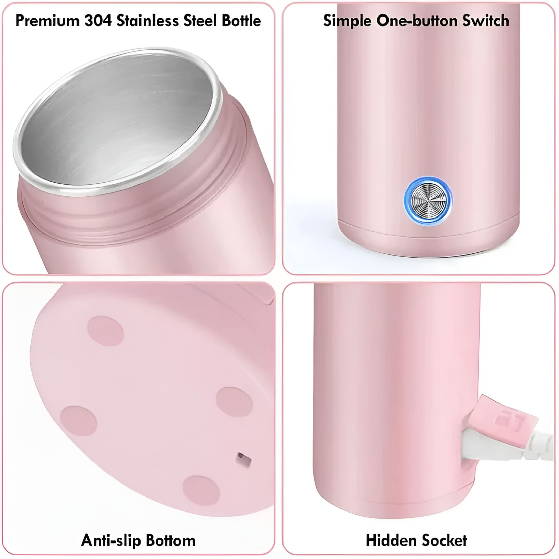 HIBIBUD 2026 New Portable Electric Kettle,400Ml Travel Tea Kettle with Non-Stick Coating,Double Wall Water Boiler Bottle,Insulated Coffee Thermos Mug,Fast Boil&Auto Shut Off Hot Water Heater (Pink)