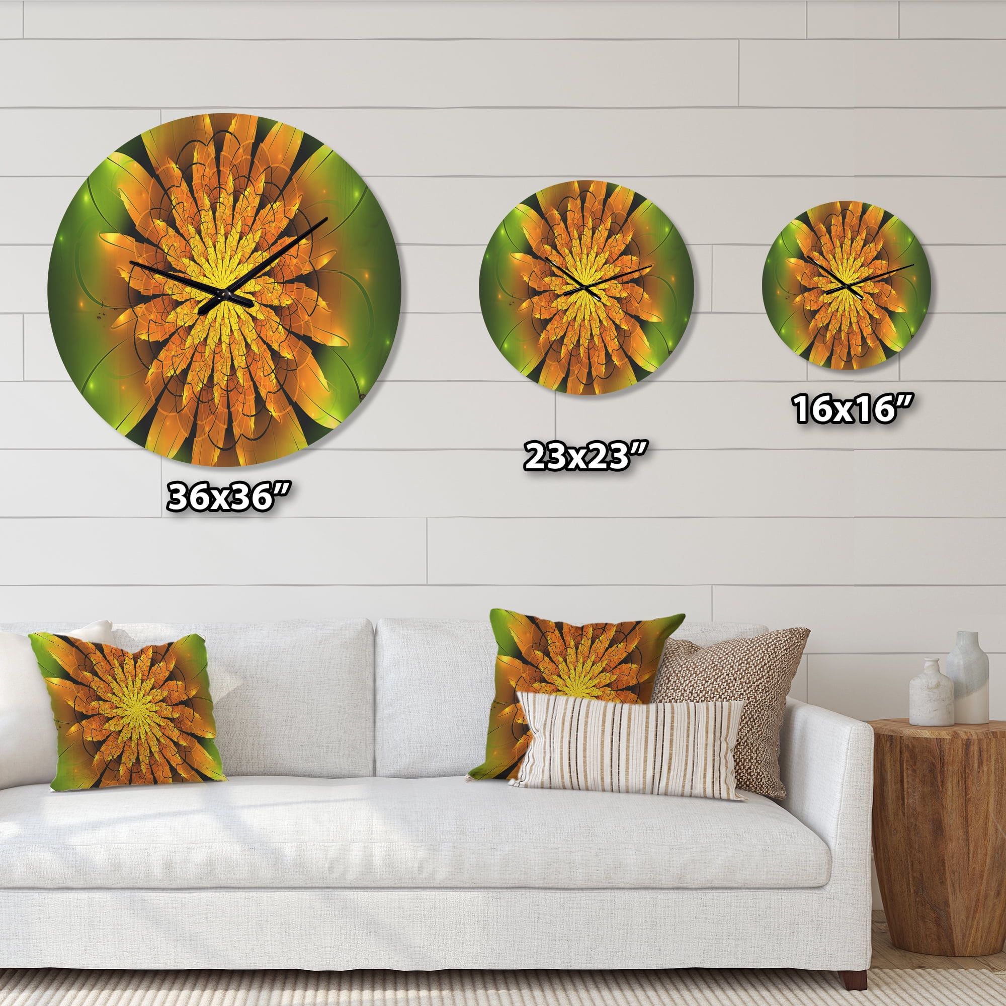 Designart 'Fractal Bright Yellow Flower on Green ' Modern Wood Wall Clock