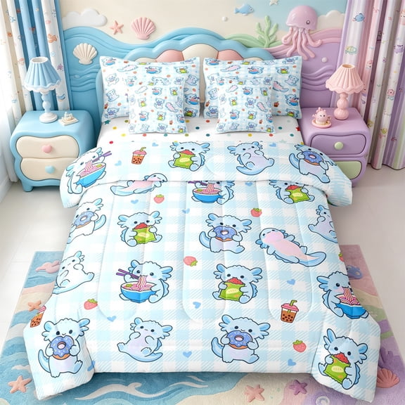 Manfei Kawaii Axolotl Pattern 7-Piece Twin Bedding,Ocean Themed Amphibian Bedding Comforter Set,Polkadot Reversible