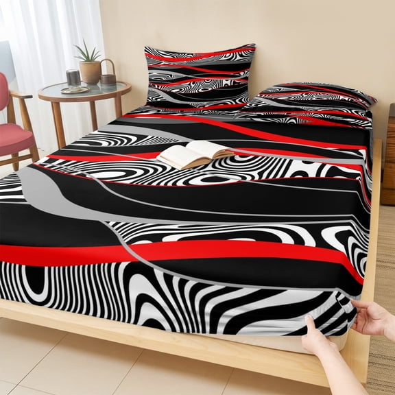Queen Size Fitted Sheet Set - Red Black Stripes 3 Piece Bedding Sets 16" Deep Pocket Fitted Sheet with 2 Pillowcases, Modern Gradient Abstract Lines Art Brushed Microfiber Hotel Luxury Bed Sheets