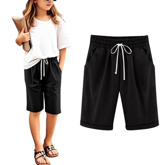 Big Girls Long Shorts Girls Bermuda Shorts Knee Length Cotton Linen Straight Wide Leg Long Shorts Solid Drawstring Elastic Waist Short Casual Summer each Shorts with Pockets