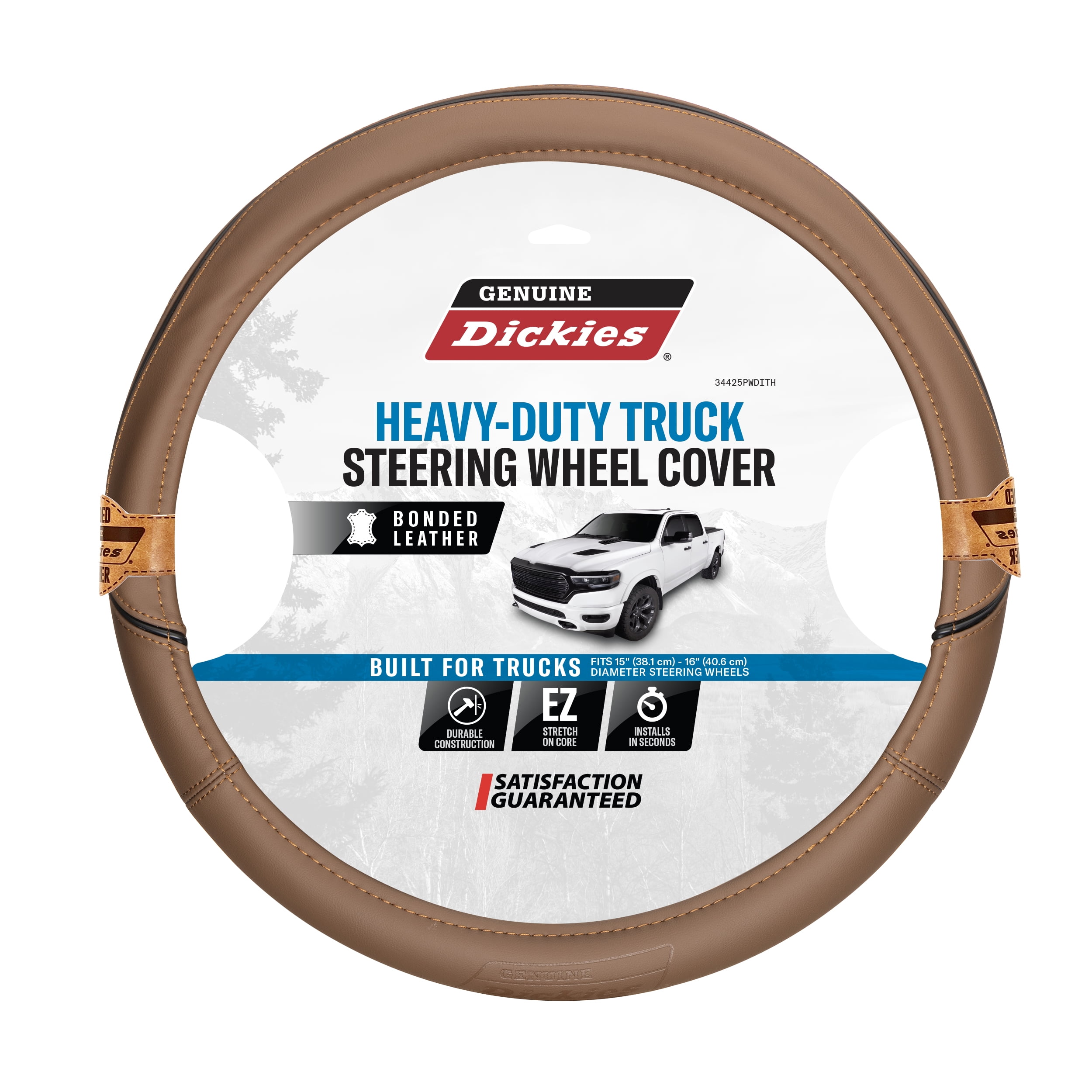 Genuine Dickies Brown Heavy-Duty Bonded Leather Truck Steering Wheel Cover, 34425PWDI