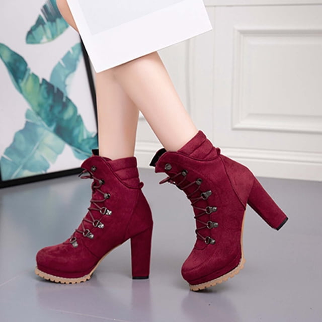 Bottines à Talons Épais Lacées pour Femmes Automne Hiver