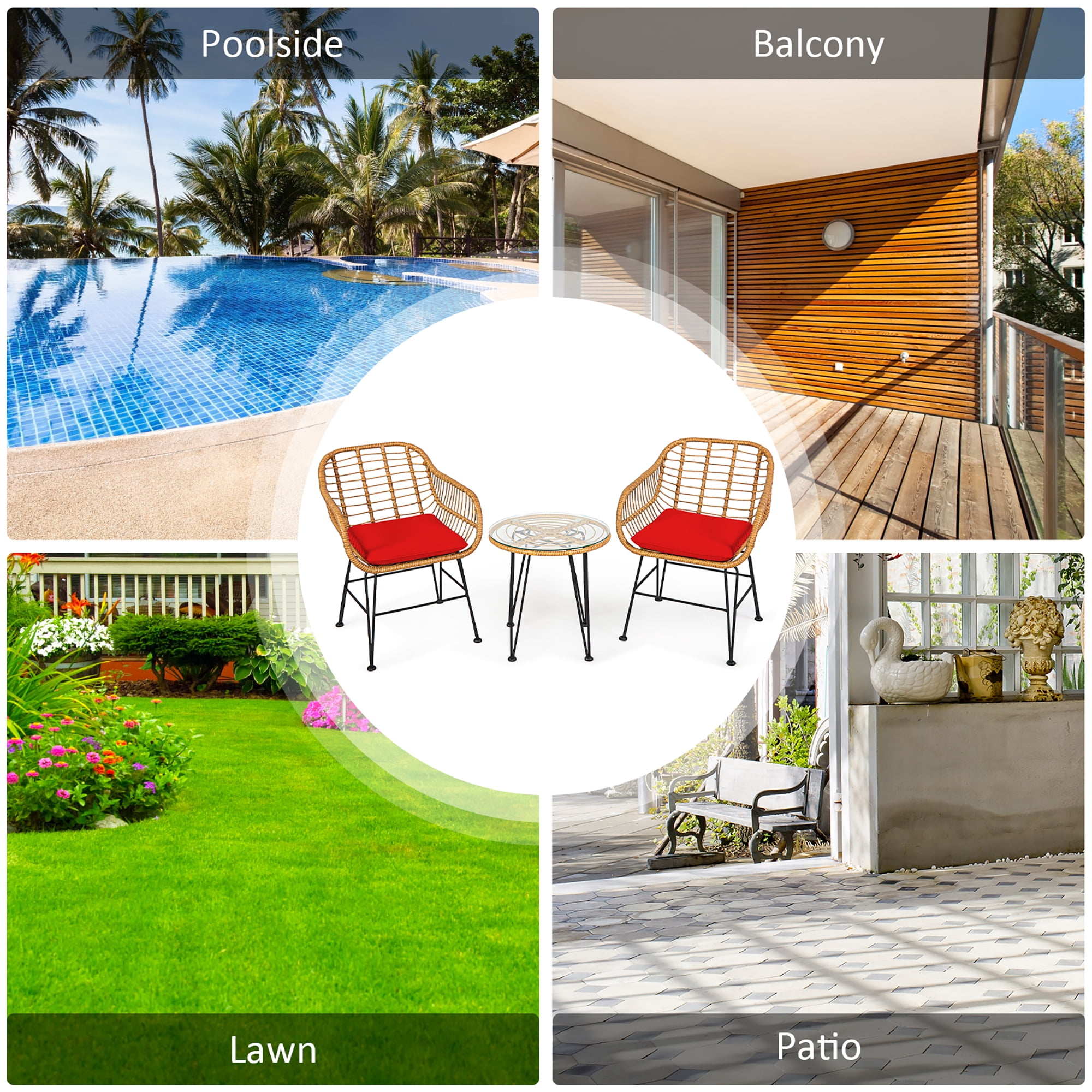 Costway 3PCS Patio Rattan Bistro Furniture Set Cushioned Chair Table Red