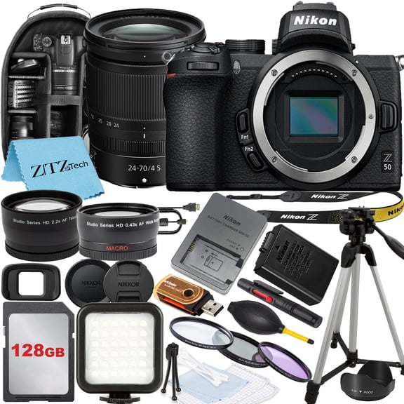 Nikon Z50 Mirrorless Camera with NIKKOR Z 24-70mm f/4 S Lens, 128GB Memory Card, Backpack, Flash, Tripod and ZeeTech Accessory Bundle (International Version)