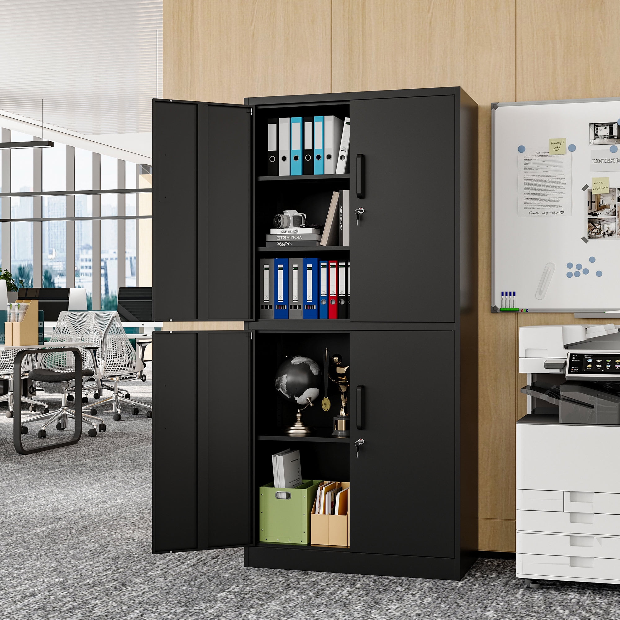 STANI Metal Tools Storage Cabinet, Black Garage Utility Cabinet,4 Doors & 3 Adjustable Shelves, Steel Locker with Lockable Door for Office, Home, Pantry