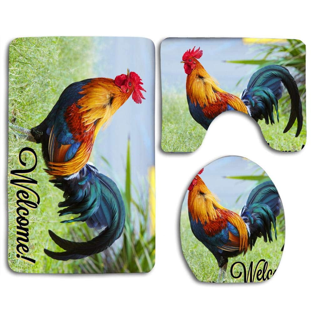 PUDMAD Beautiful Wild Rooster 3 Piece Bathroom Rugs Set Bath Rug