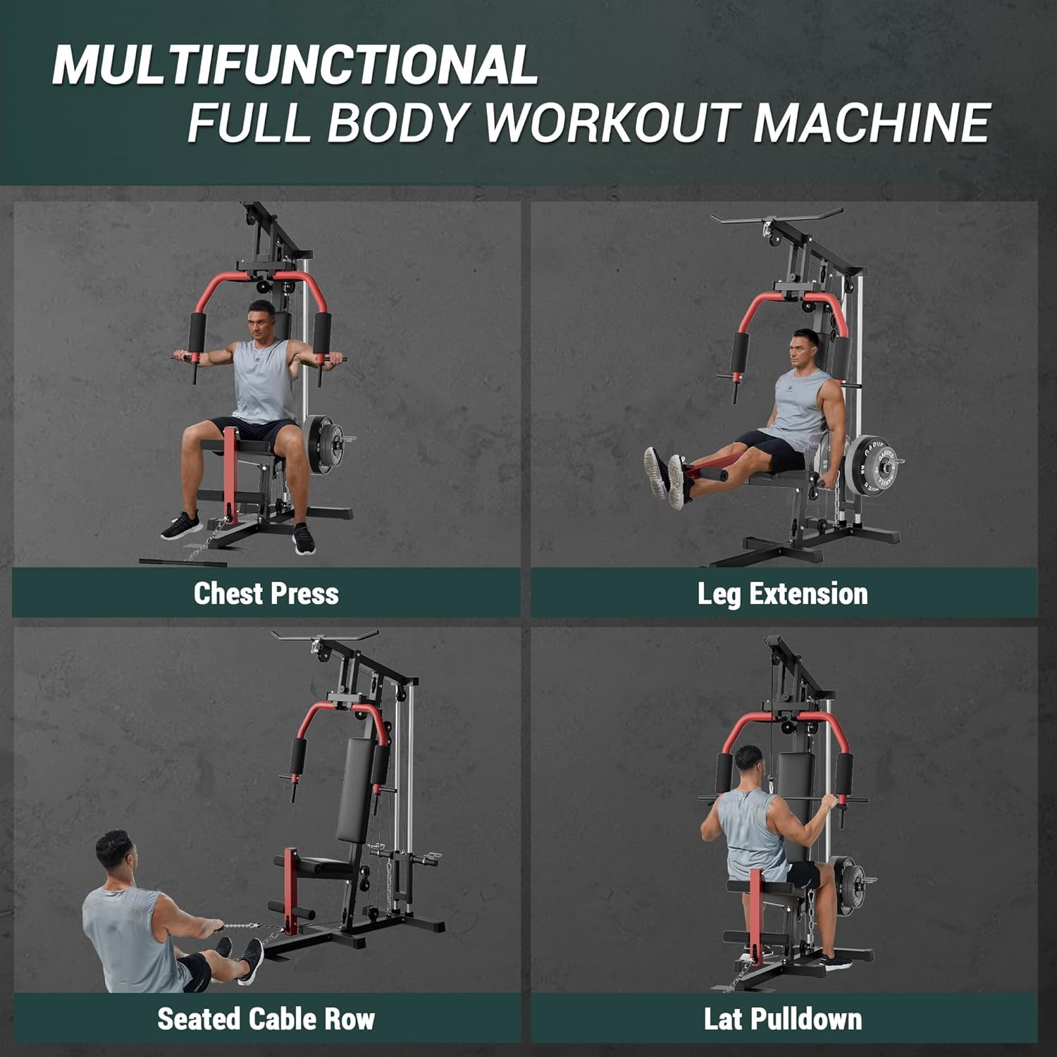 Lumiparty Home Gym System with Leg Press & Cable Pulley, Full-Body Strength Workout Equipment for Weight Plates 1"&2" (Plates Not Included), Black & Red