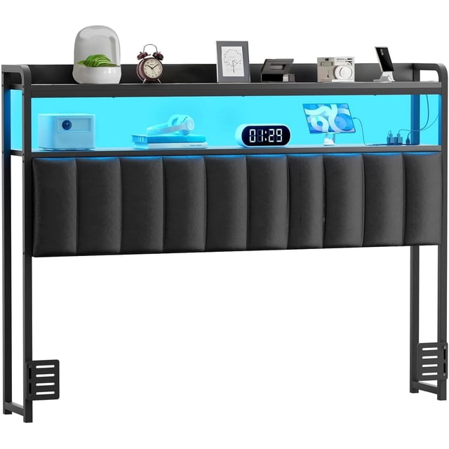 Cabeceras para Cama Matrimonial, Cabecero Tapizado con Estación de Carga Y Luces RGB LED, Cabecero con Almacenamiento, Solo Tablero de Tamaño Completo, Altura Ajustable, Reversible (Matrimonial/Full)