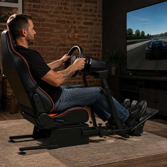 Racing Simulator Cockpit, Heavy Duty Steering Wheel Stand with Seat, Fits Logitech G29 G920 Thrustmaster T300rs, Adjustable Angle, Matte Black