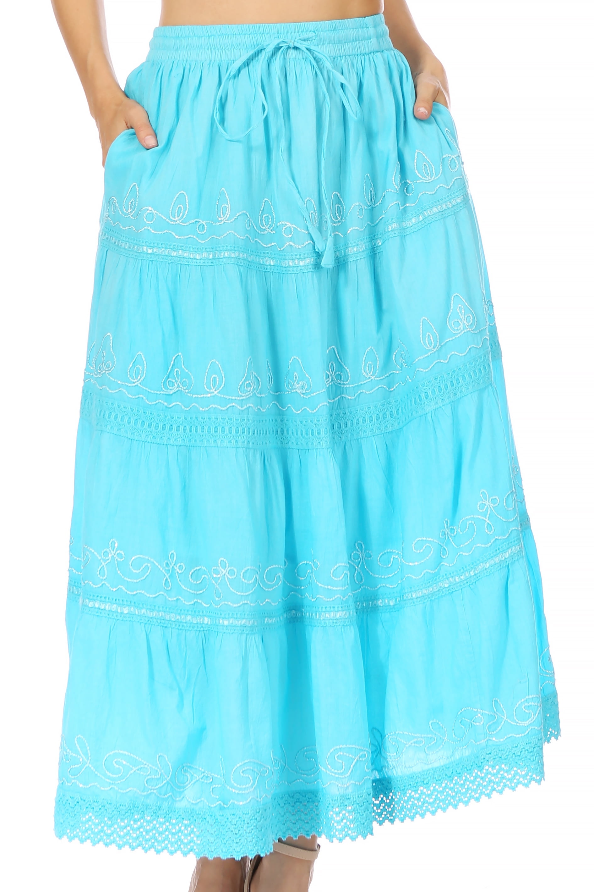 Sakkas Solid Embroidered Crochet Lace Trim Gypsy Bohemian Mid Length Cotton  Skirt - Turquoise - One Size - Walmart.com