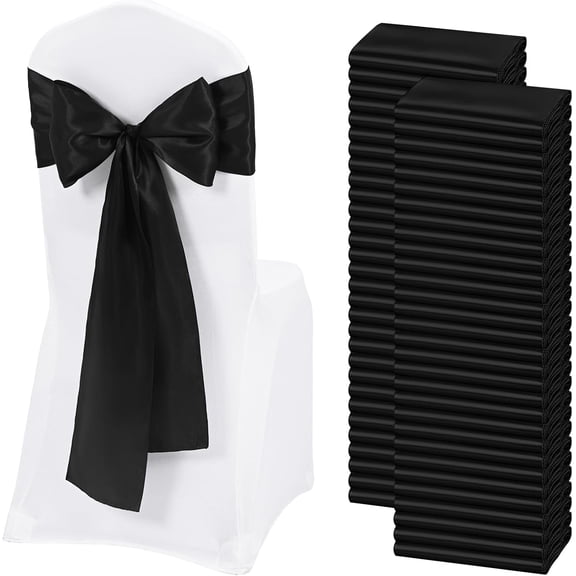 60 PCS Black Satin Chair Sashes, Ties Bows Designed Chairs Decorative, Chair Cover Sashes for Thanksgiving Wedding Christmas Banquet Party Home Kitchen Decoration (7 x 108 inch)