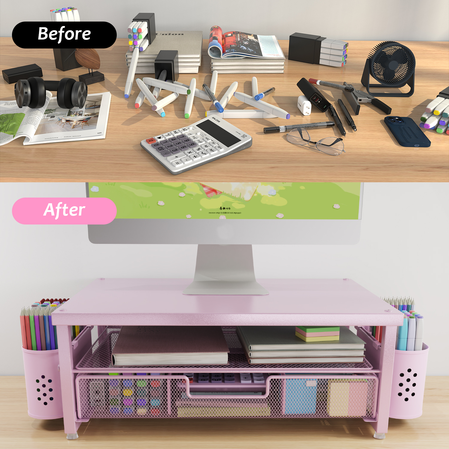 MEHOOM Desk Organizer, 3-Tier Monitor Stand with Storage and 2 Pen Holder, Laptop Stand, Office Desk Accessories for Office Supplies, Pink