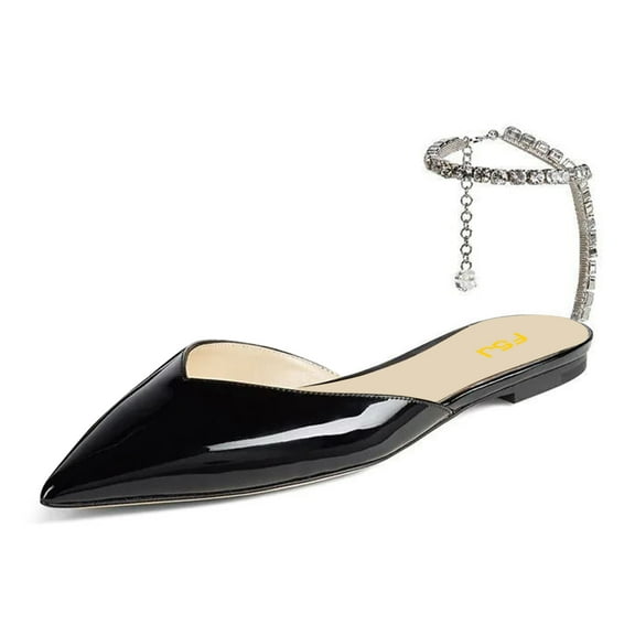FSJ Women Comfortable Pointed Closed Toe D'Orsay Ballet Flats Rhinestone Crystal Chain Ankle Strap Wedding Bridal Work Casual Dress Shoes Size 8 Black