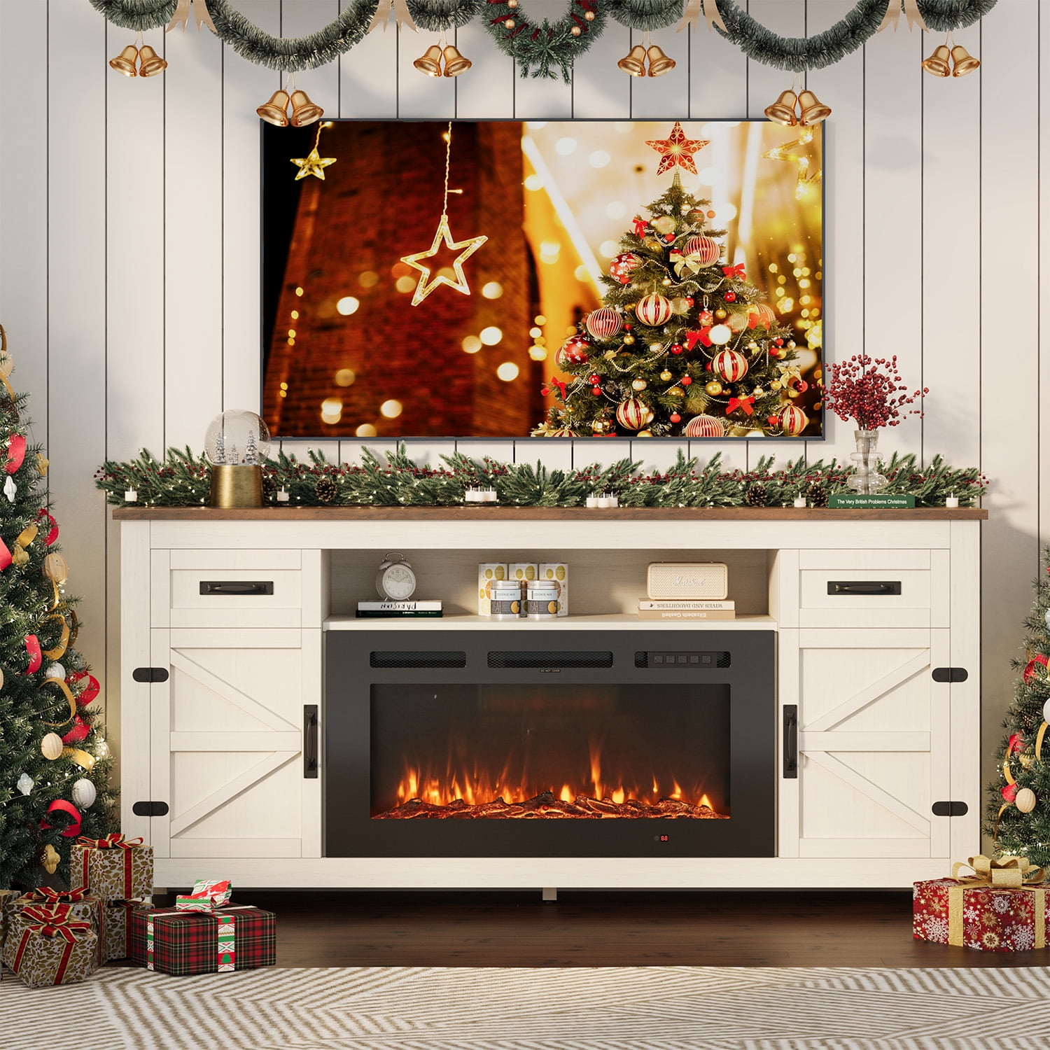 Sonegra 70" Fireplace TV Stand, Entertainment Center for TVs Up to 80”, TV Console with Storage Cabinets, Media Console for Living Room, White TV Stand and Black Fireplace
