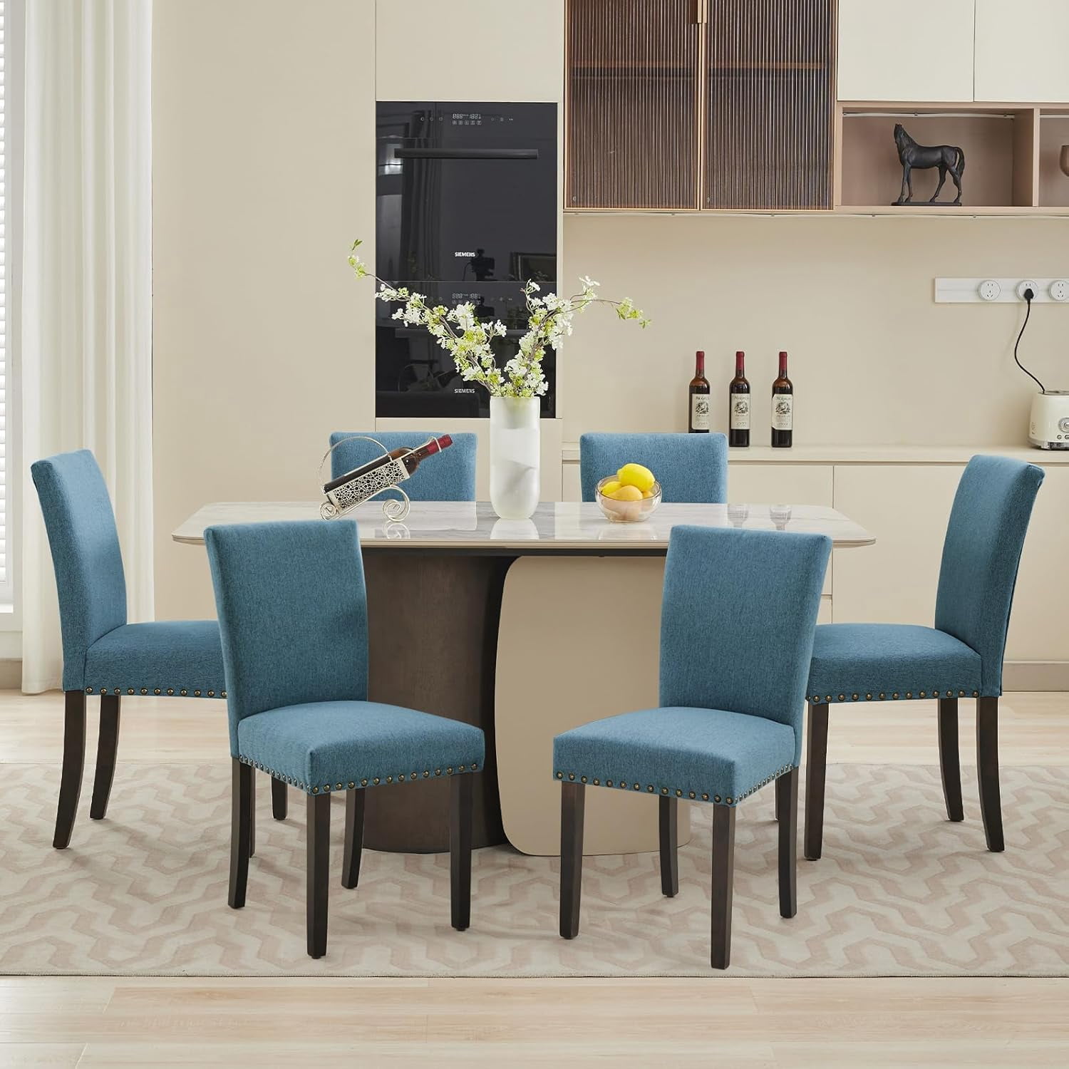 Dining Chairs Set of 2 Upholstered Parsons Diner Room Chair Sets Fabric Kitchen Chairs with Nailhead Trim/Sturdy Wood Legs and Padded Cushion Accent Chair Modern Living Room Chairs, Navy Blue