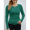 thumbnail image 3 of Chandails de Base Ajustés à Manches Longues Côtelés pour Femmes, Col Rond, Décontractés, Coupe Ajustée, Hauts en Tricot, Vert Foncé, S, 3 of 6