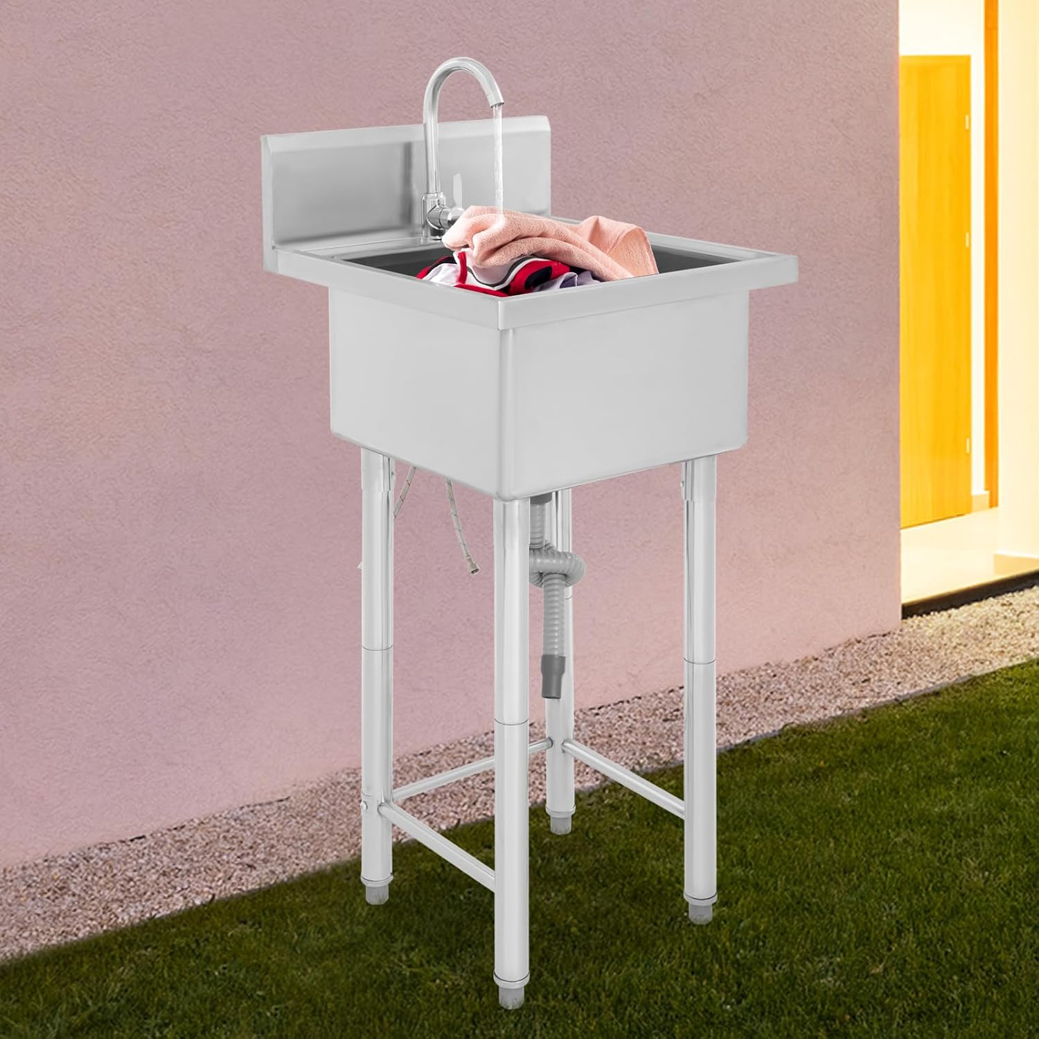 Free Standing Deep Sinks for Laundry Room Stainless Steel Single Bowl Kitchen Sink with Hot and Cold Faucet Commercial Utility Sink with Backsplash for Garage Bathroom