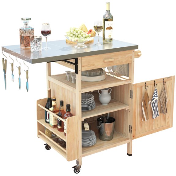 Outdoor Grill Cart with Drop Leaf, Stainless Steel Tabletop Outdoor Kitchen Island, Solid Wood Outdoor Buffet Cabinet with Lockable Wheels for Grilling, Natural