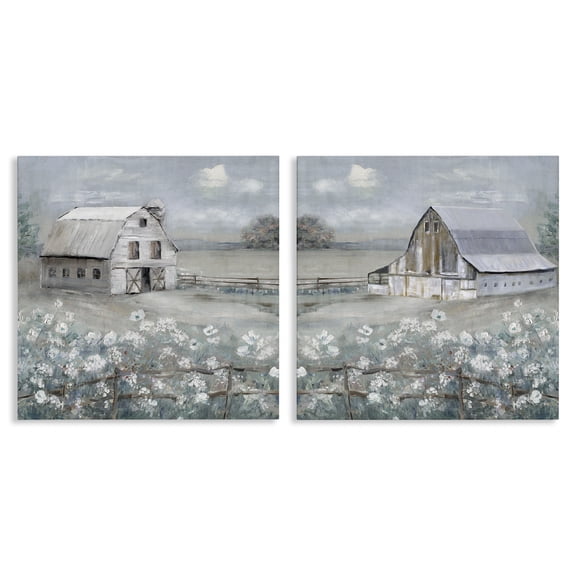 Stupell Industries Country Meadows with Barns Landscape & Nature Painting Wrapped Canvas Art Print Wall Art, 17 x 17, Set of 2