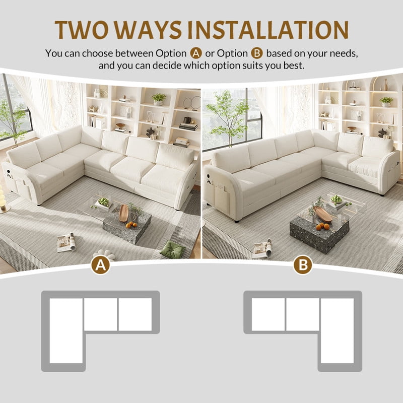 L-Shaped Sectional Sofa with Pull Out Bed, 115.2'' Convertible Sleeper Sofa with Reversible Chaise, USB Charging Ports & Side Pockets, Oversized 6-Seat Sofa Couch for Living Room