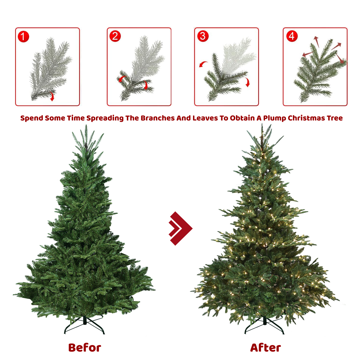 Hommoo 6FT Christmas tree,1763 tips,500 warm white lights,PE+PVC mixed material,Hinge design with metal stand, Green