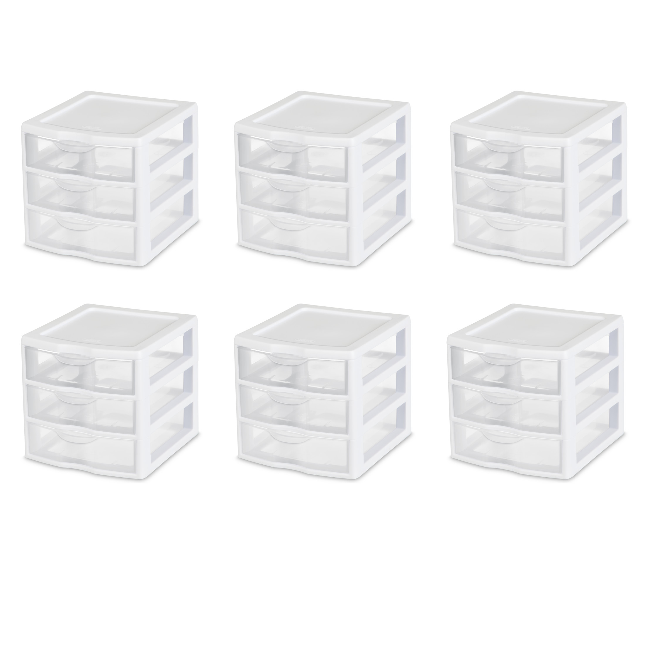 Sterilite Small 3 Drawer Unit, Clear Plastic Countertop or Desktop Drawers, White, 6 Pack