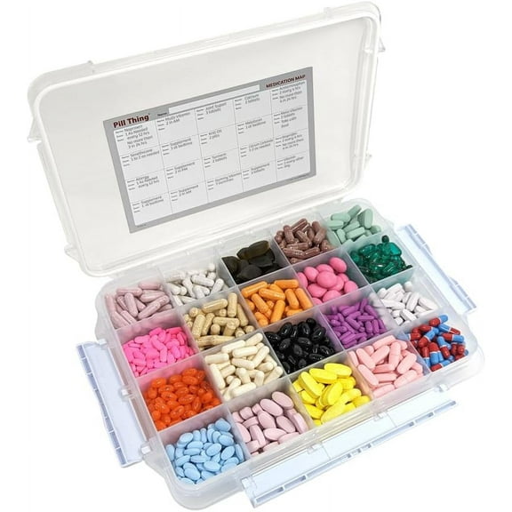 Portable Durable Airtight Waterproof 20 Compartment Large Pill Case with Silicone Gasket and Medication Map, 1 Pack