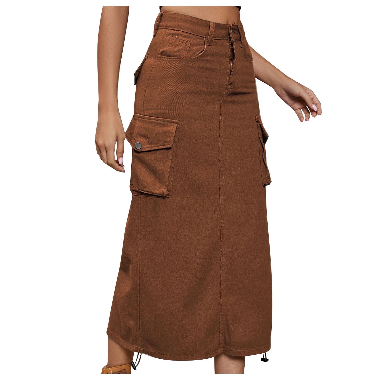 EQWLJWE Long Denim Skirts for Women Maxi Paperbag High Waist Frayed Raw Hem  A line Flare Jean Skirt with Pockets 