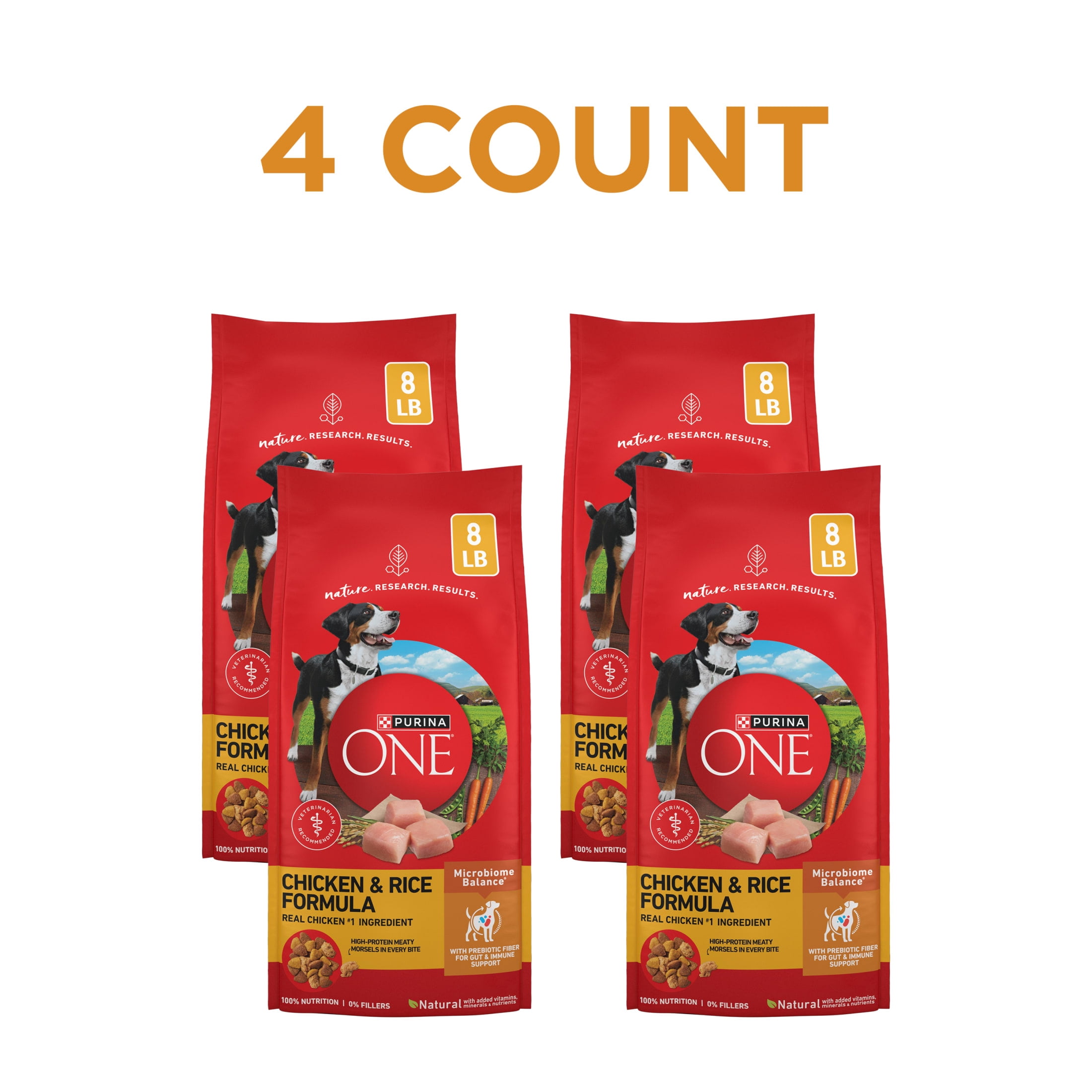 (4 pack) Purina One Dry Dog Food for Adult Dogs High Protein, Real Chicken & Rice, 8 lb Bag