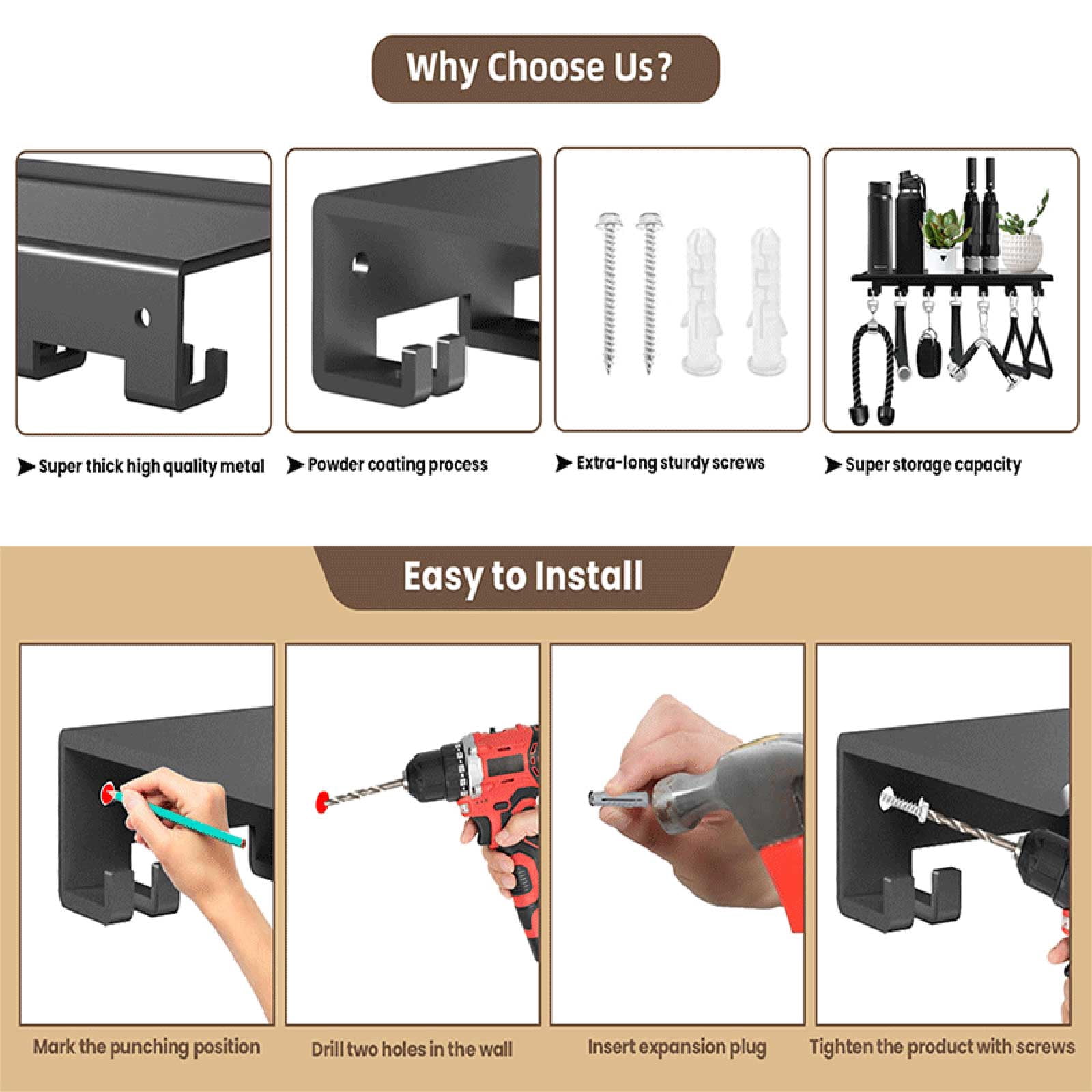 Floating Shelf with Hooks, Water Bottle Storage Organizer, 24 In, 8 Hooks, 1 Pc, Black, Home Gym Storage, Gym Equipment Storage, Wall Mounted Storage, Garage Hooks Heavy Duty, at