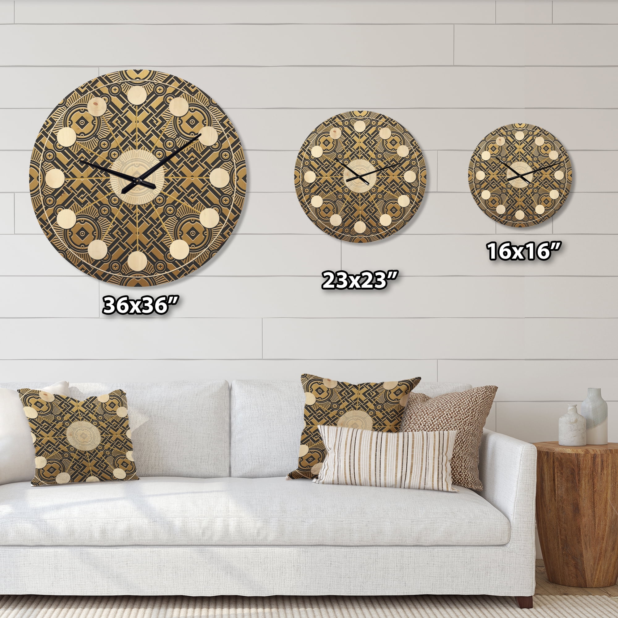 Designart 'Metallic Golden Luxury Geometrics XII XX' Mid-Century Modern Wood Wall Clock
