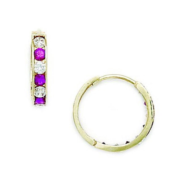14k Yellow Gold Red Cubic Zirconia Hoop Hinged Earrings - Measures 14x15mm