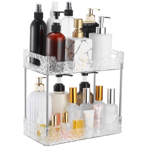 2-Tier Bathroom Counter Organizer, PET Plastic Makeup Storage Shelf with Handle, Glacier Texture Vanity Tray, Easy to Clean Storage Rack for Bathroom, Bedroom, Kitchen