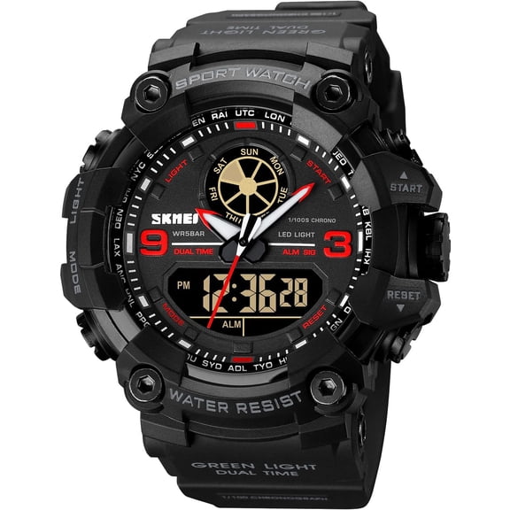 Mens Analog Digital Dual Display Sports Watches Military Multifunctional 50M Waterproof LED Watch with Alarm Stopwatch Backlight 12H/24H Outdoor Running Swimming