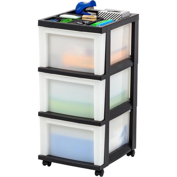 Plastic Drawer Storage Organizer Rolling Cart, with Wheels Casters, 3-Drawers, Black/ Pearl