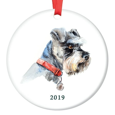Schnauzer Gifts (Schnauzer Christmas Ornament 2019, Porcelain Ceramic Dog Ornament, Watercolor Miniature Schnauzer Family Dog 3