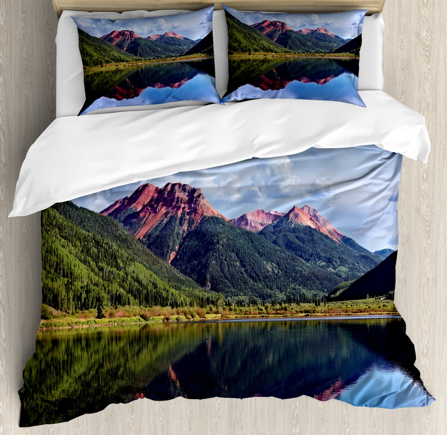 Nature Scene Duvet Cover Set, Red Iron Peaks over Calm High Mountain