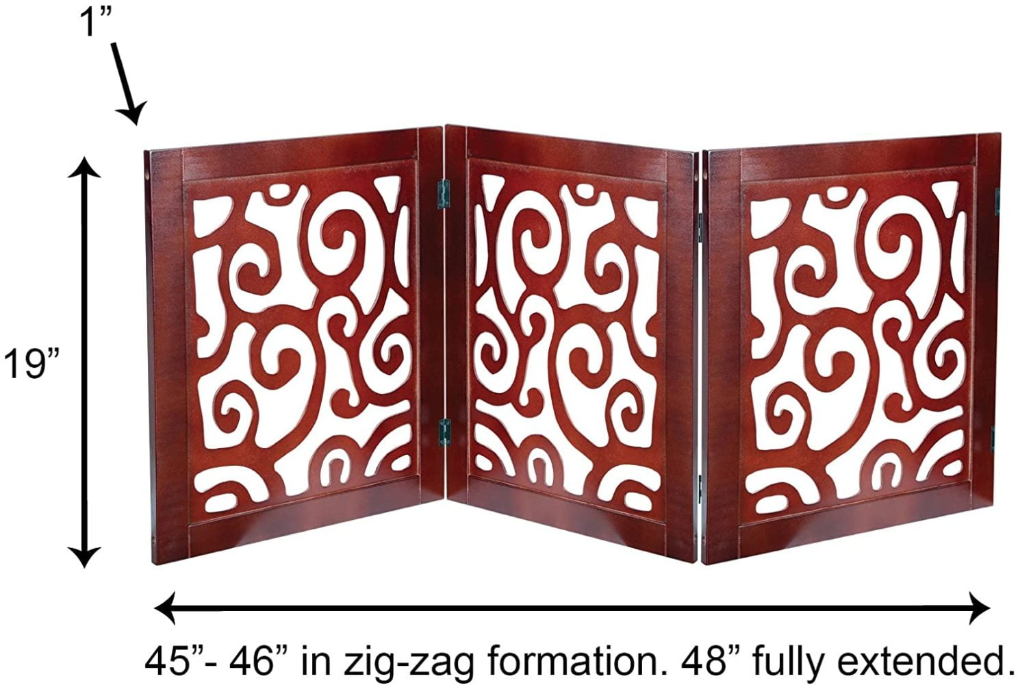 Safety Pet Gate for Dogs  Free-Standing & Foldable - Decorative Scroll Wooden Fence Barrier  Stairs & Doorways (Mahogany)